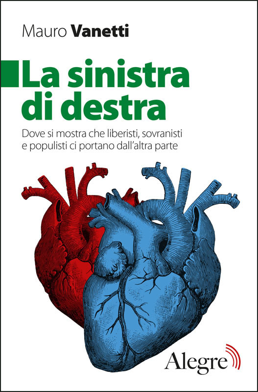 Copertina de «La sinistra di destra» che mostra un cuore rosso a cui si sovrappone un cuore blu in posizione ribaltata